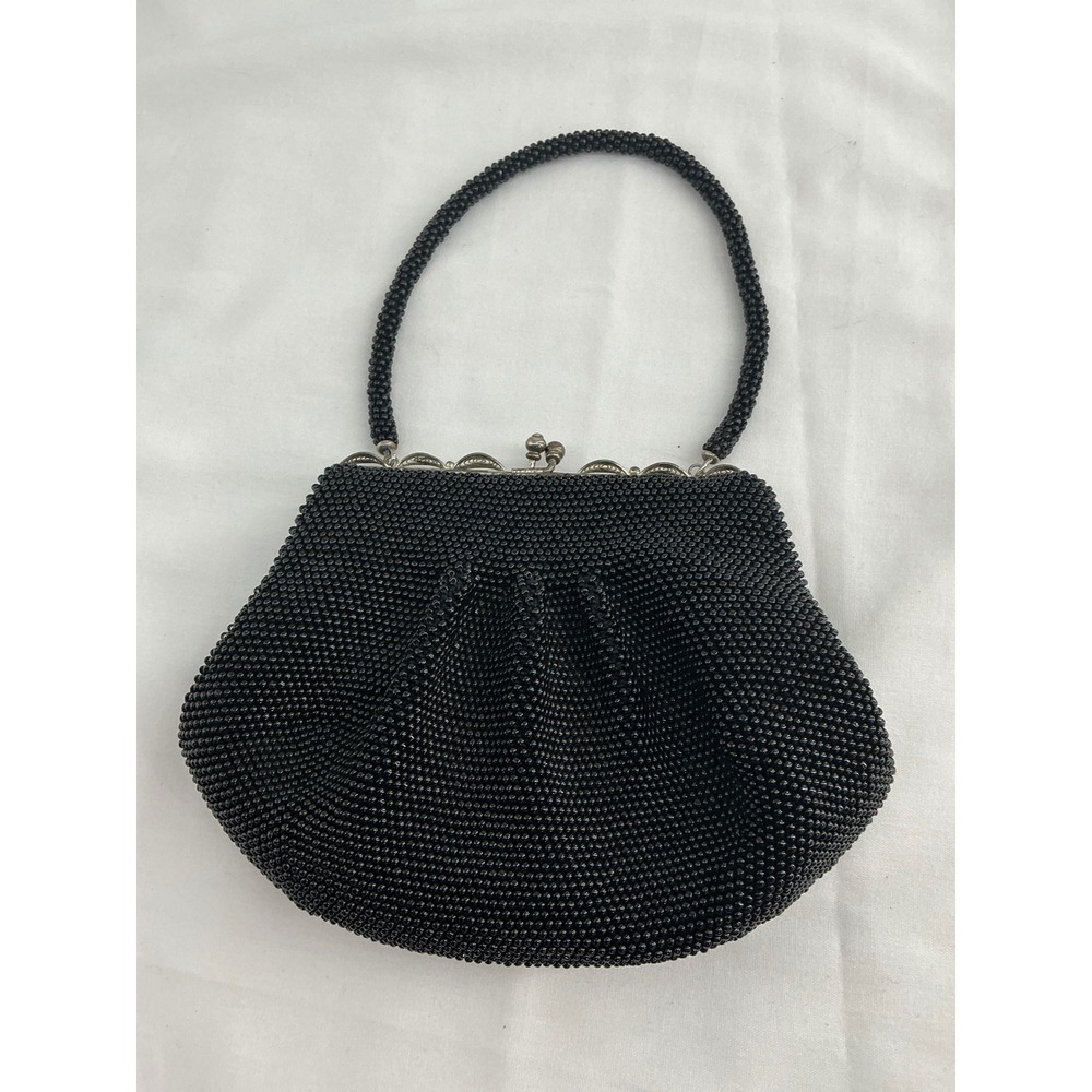 Vintage Black Seed Bead Evening Bag Pleated Kiss Lock Silver Frame Handbag